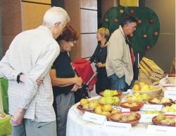 Privlačna razstava jabolk, žit, fižola in česna v avli topliškega kulturnokongresnega centra. (Foto: M. Ž.)
