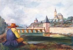 Novo mesto z obzidjem v srednjem veku (Marjan Mušič; olje platno, 1968; iz zbirk Dolenjskega muzeja)