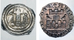 Breški novec iz kovnice Gutenwerth/Otok, na katerem je podoba grajskega  stolpa in orlov (levo), je zelo podoben srednjeveškemu mestnemu pečatu  Metlike, ki je osnova današnjega občinskega grba. (Vir: J. P.)