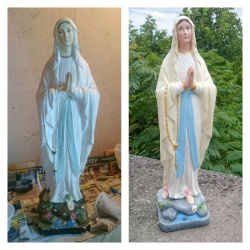 Tudi restavratorsko delo Kristijanu leži: kipec Marije pred njegovim posegom in po njem.