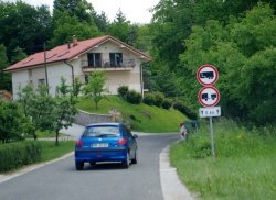 Na cesti v vasi Sela proti Javorovici so postavili table za prepoved prometa za priklopnike in vlačilce.