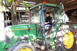 Tudi traktor je njeno nepogrešljivo orodje pri obdelovanju kmetije.
