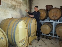 Andrej preverja vino, ki je najprej zorelo v amforah, zdaj pa v lesenih sodih. (Foto: M. B. J.)