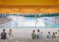 Občina za zdaj načrtuje le gradnjo pokritega 25-metrskega bazena, saj so obratovalni stroški 50-metrskega bistveno večji. (Vizualizacija: Enota)
