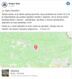 Okužena oseba obiskala fitnes v Sevnici