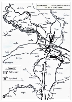 Zemljevid bojev za osvoboditev Posavja maja 1945. In drobna zanimivost:  avtor zemljevida je napačno zapisal, da je skozi Videm - Krško tekla  reka Savinja.