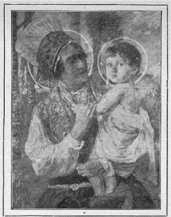Reprodukcija slike »Slovenska Madona« iz: Lamut, M. (januar 1928).  Obrazi in duše. Matilda Klemenčičeva. Ženski svet, 6 (1), str. 2.