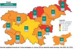 Odstotek izgubljenih delovnih dni v breme delodajalcev in v breme ZZZS po obmocnih enotah Slovenije v letu 2022. (Vir: ZZZS)